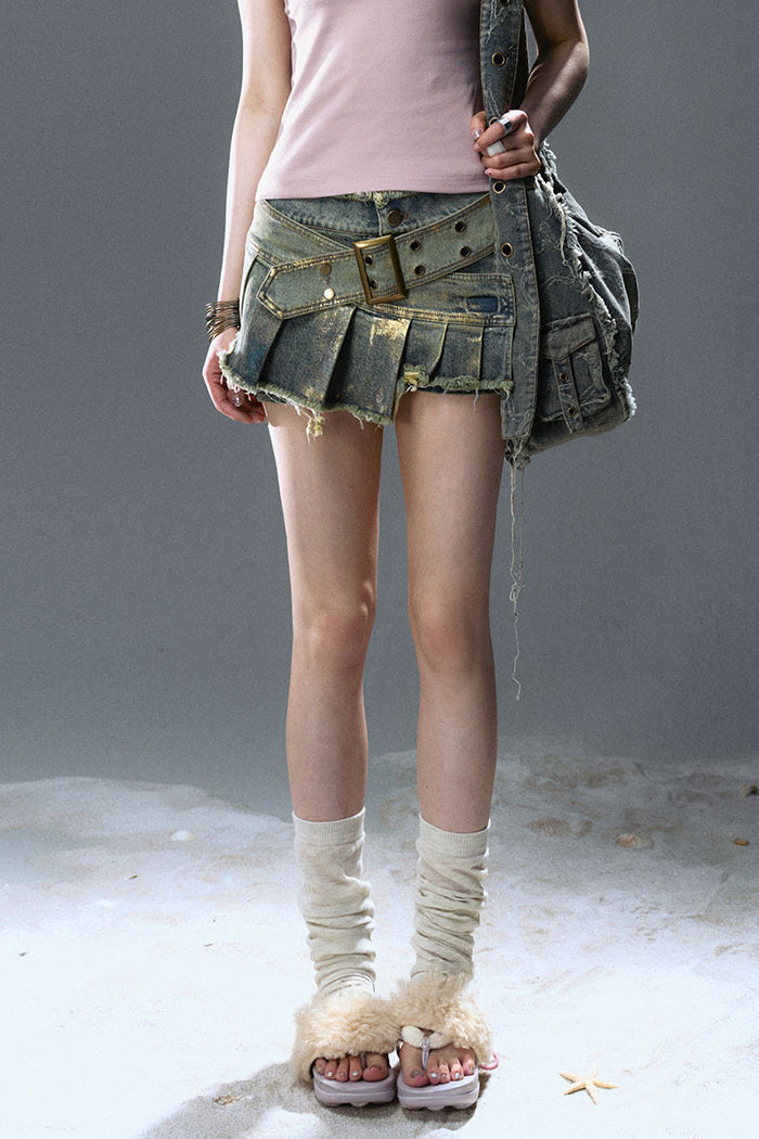 Pleated Wrap Denim Shorts