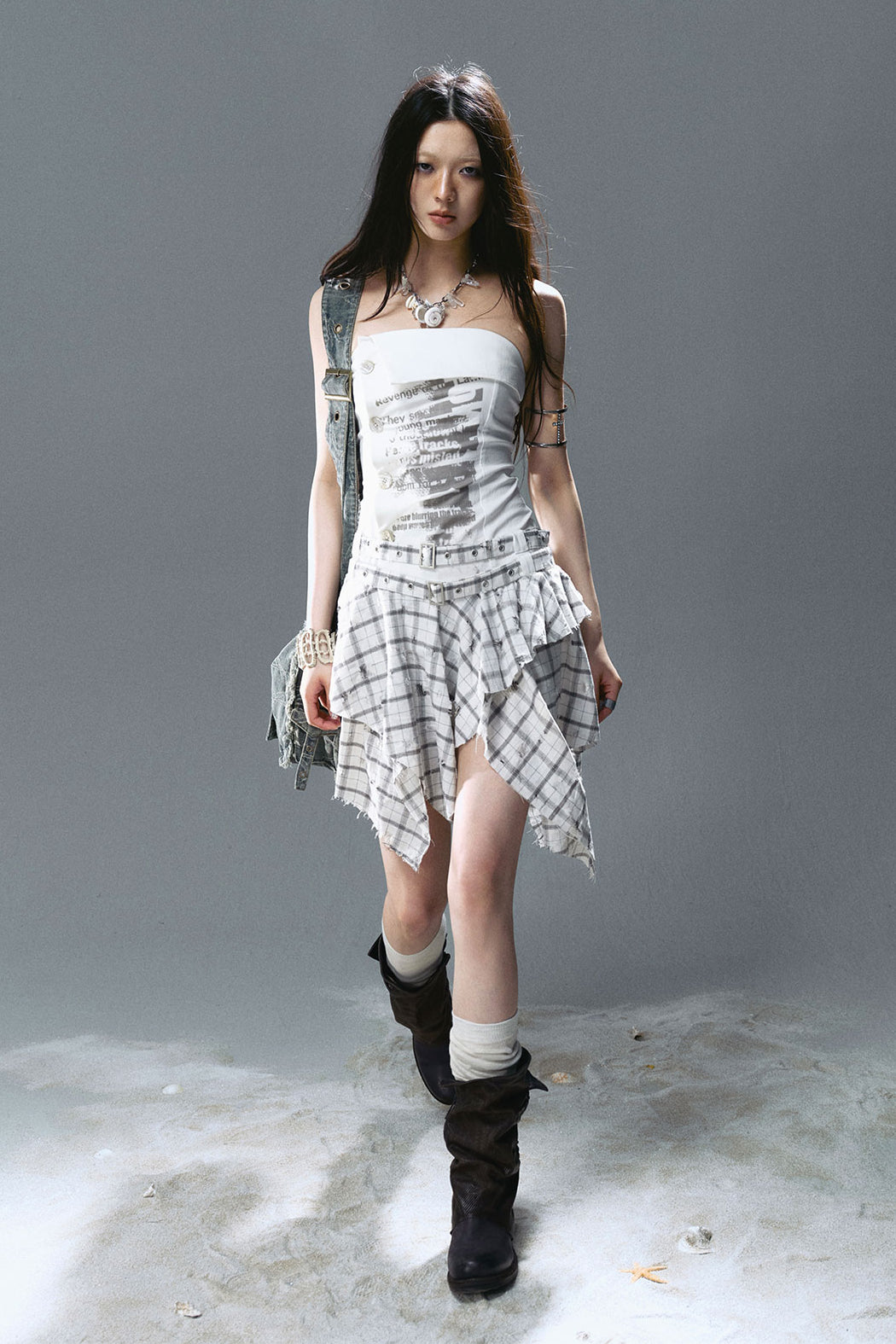 Strapless Graffiti Plaid Dress