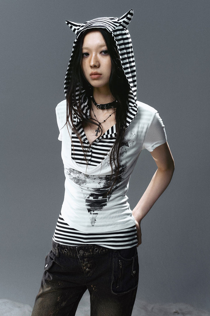 Layered Hooded Cat Shirt