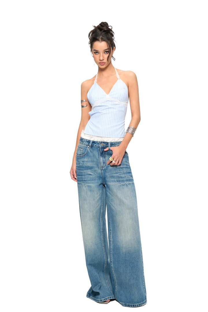 Backless Pinstripe Halter Top