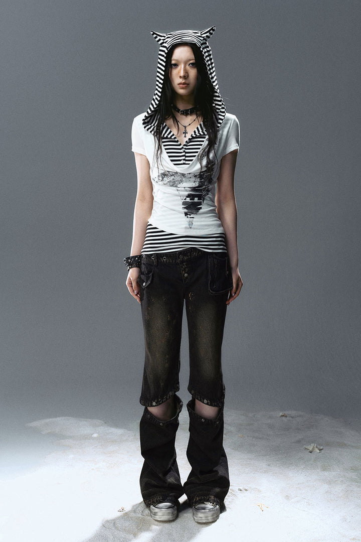 Layered Hooded Cat Shirt