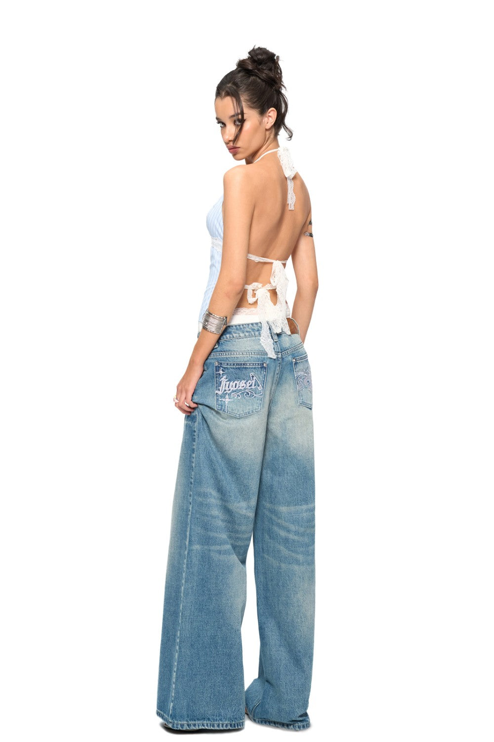 Backless Pinstripe Halter Top