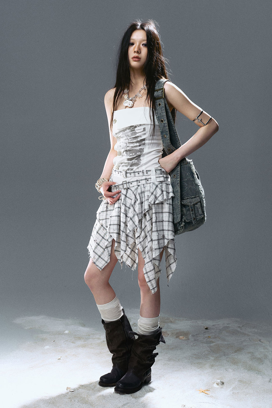 Strapless Graffiti Plaid Dress