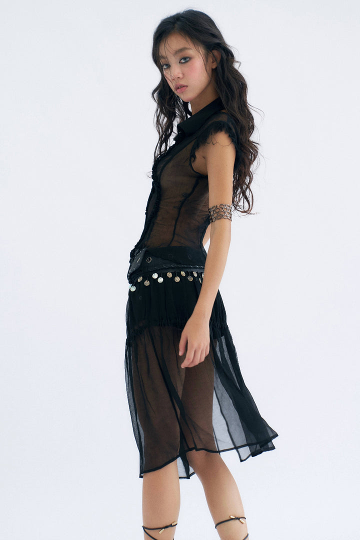 Sheer Ruffle Button-Up Top