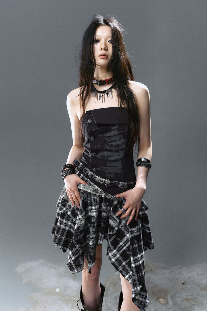 Strapless Graffiti Plaid Dress