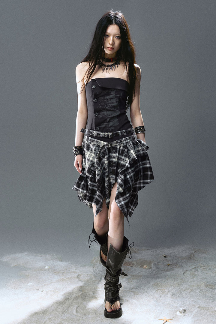 Strapless Graffiti Plaid Dress