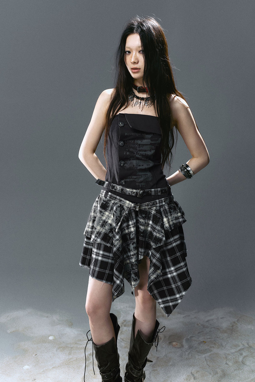 Strapless Graffiti Plaid Dress