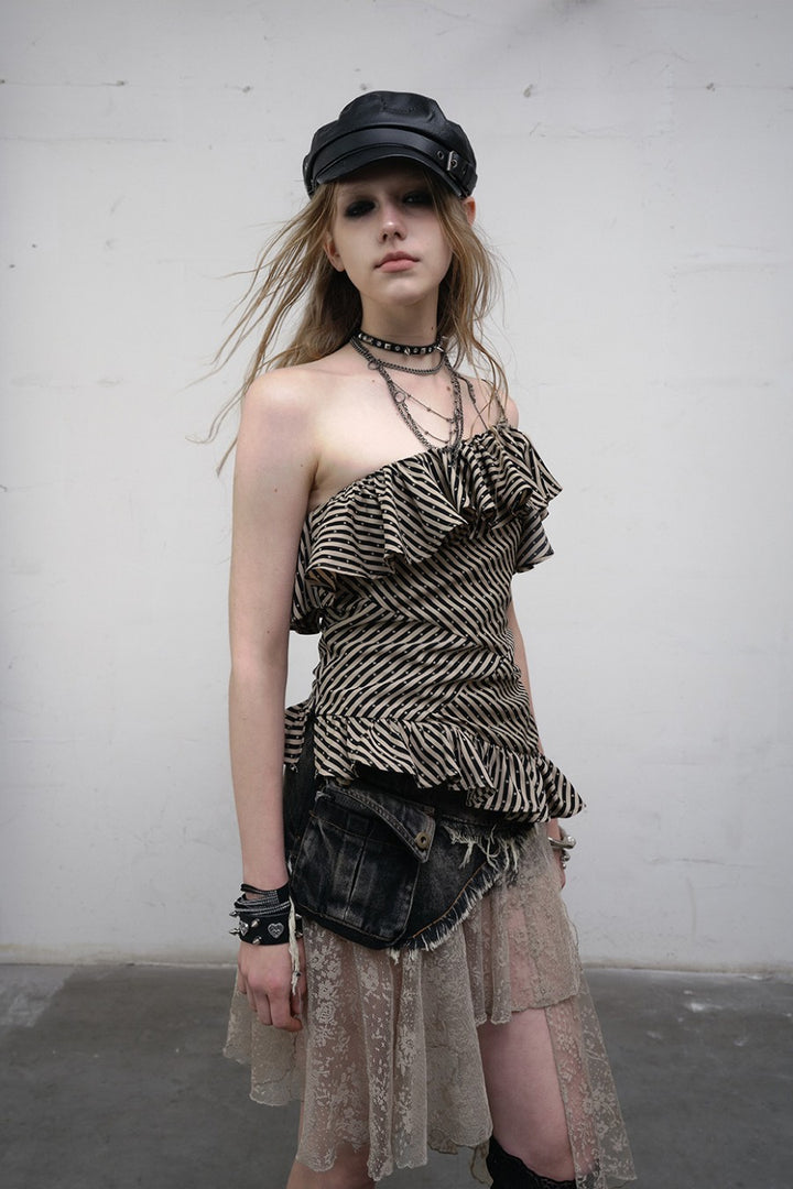 Asymmetric Striped Ruffle Top