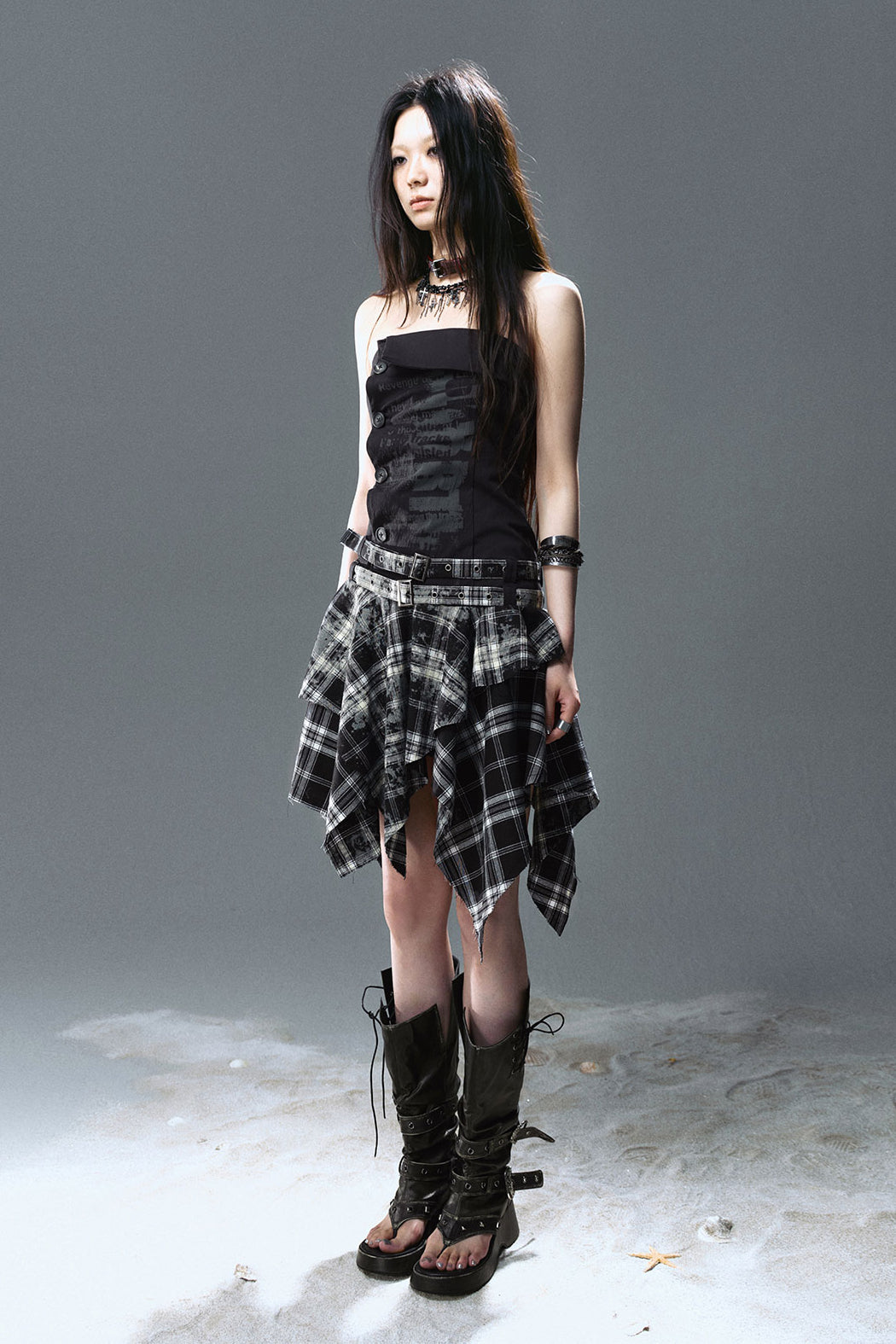 Strapless Graffiti Plaid Dress