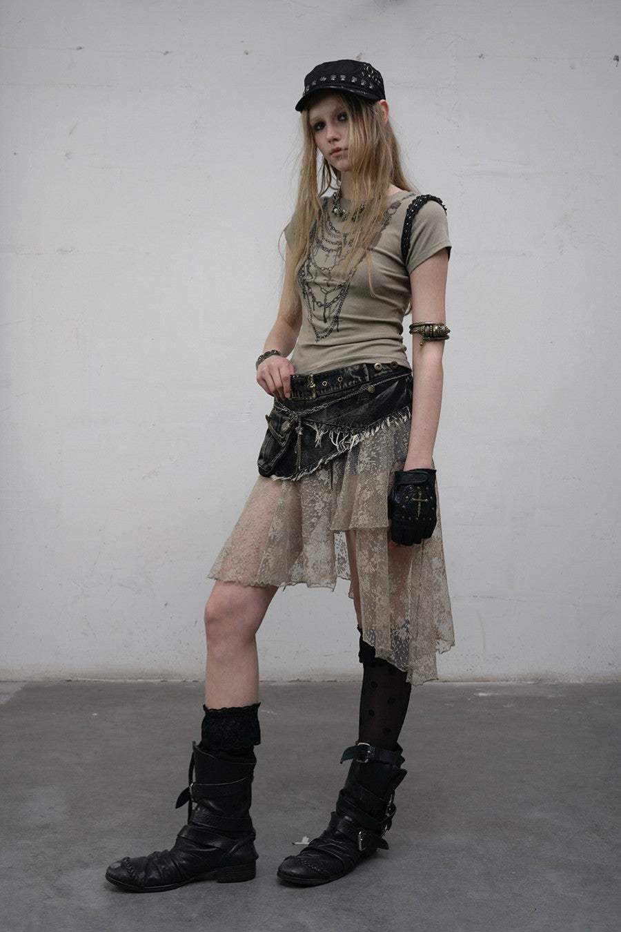 Denim Lace Panel Skirt