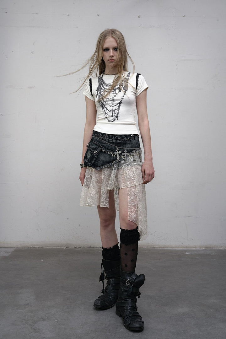 Denim Lace Panel Skirt