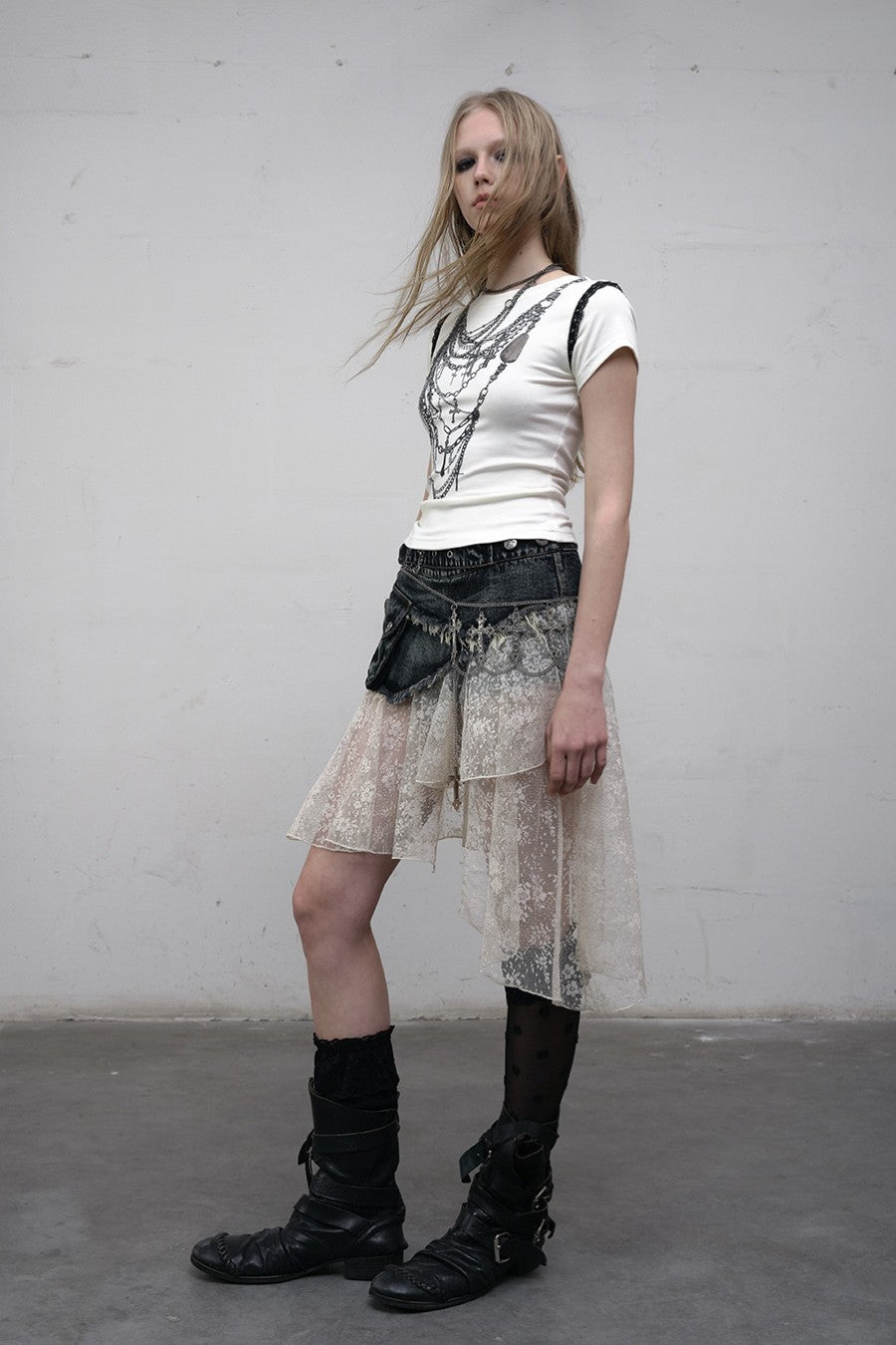 Denim Lace Panel Skirt