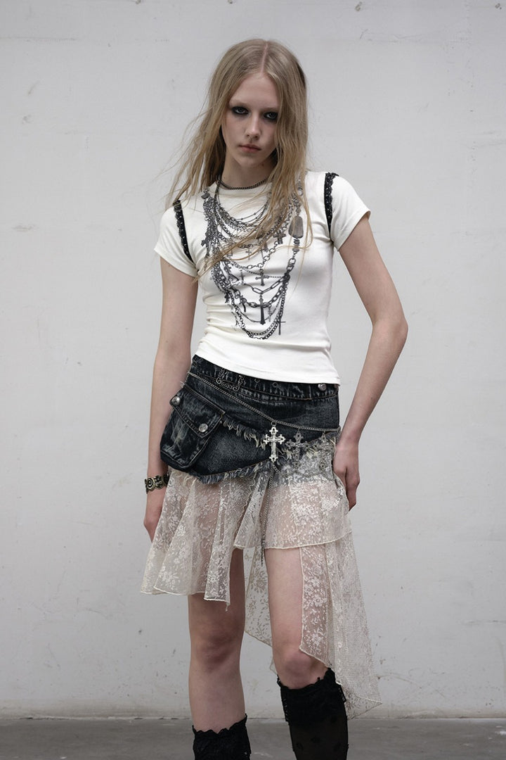 Denim Lace Panel Skirt