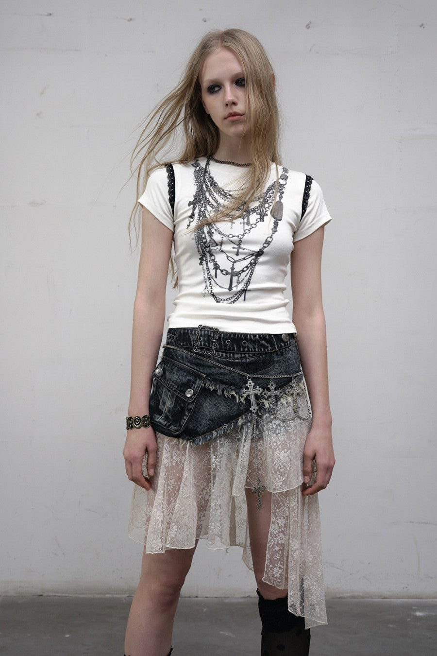 Denim Lace Panel Skirt