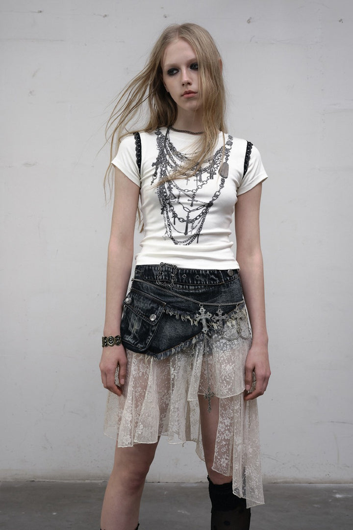 Denim Lace Panel Skirt