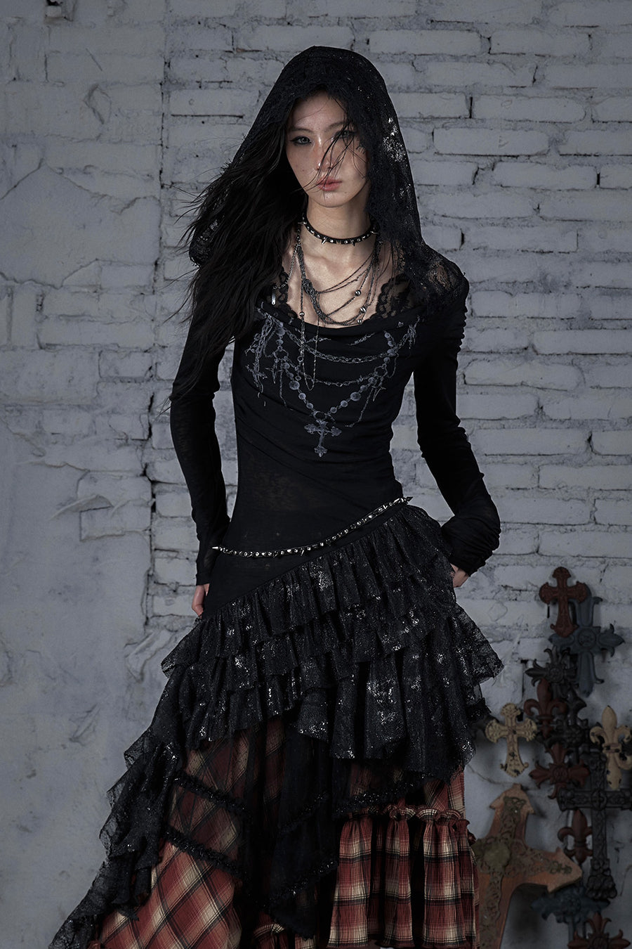 Lace Hooded Chain Dress