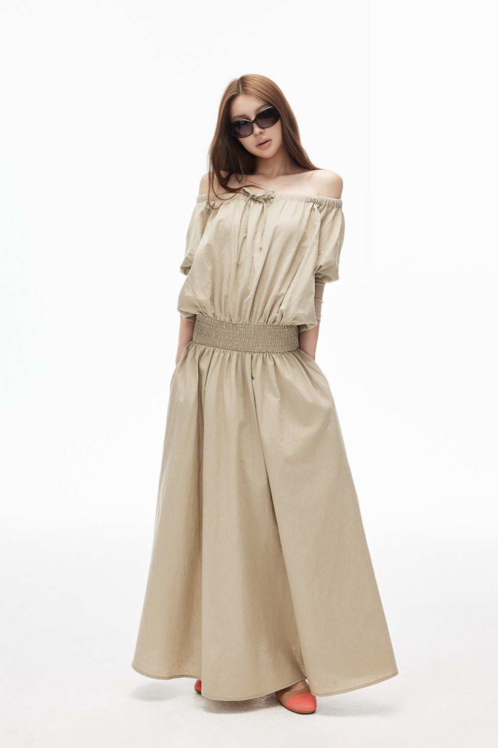 beige bardot dress Smocked Off-Shoulder Bardot Dress S