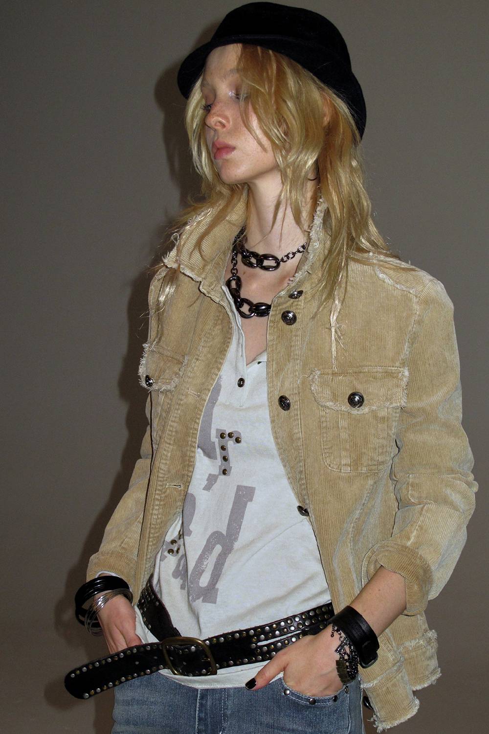 Distressed Button-Up Corduroy Jacket