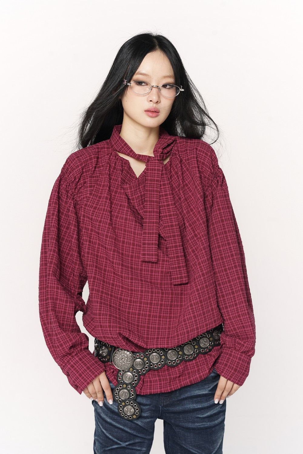 Oversized Plaid Ribbon Shirt