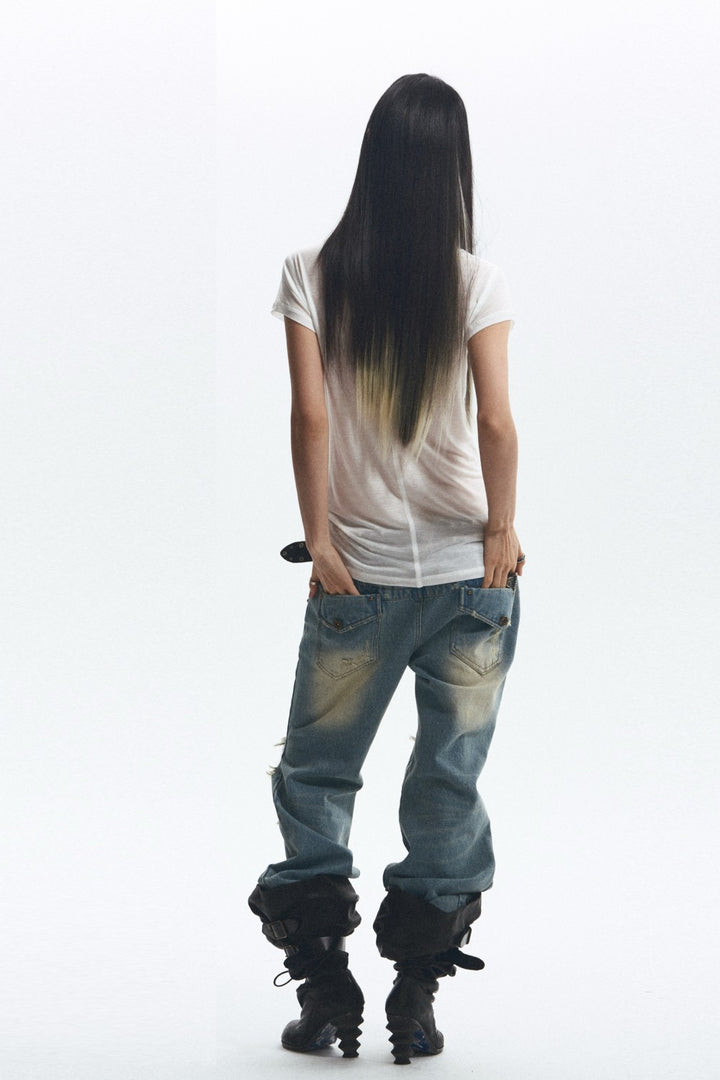 Ripped Denim Flare Jeans