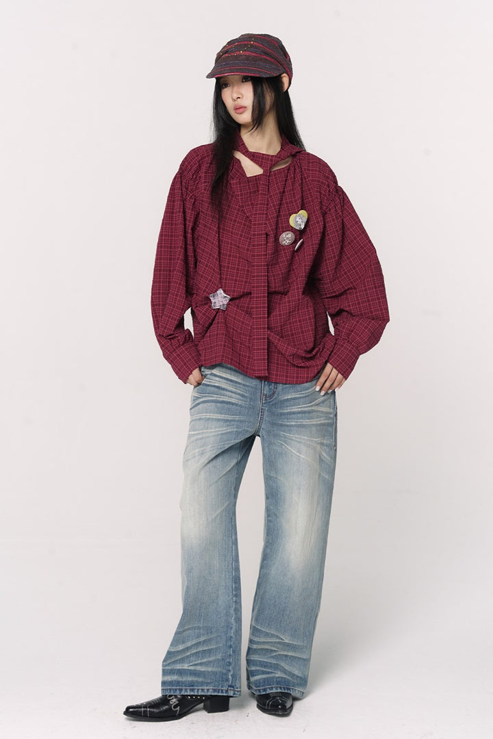 Oversized Plaid Ribbon Shirt