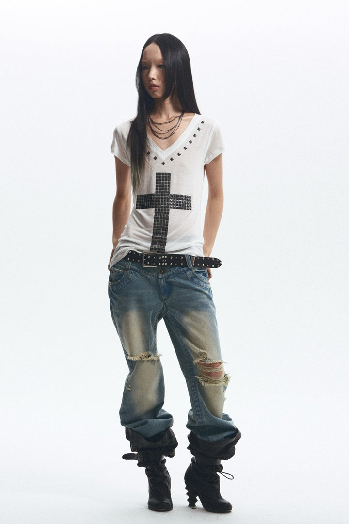 Ripped Denim Flare Jeans