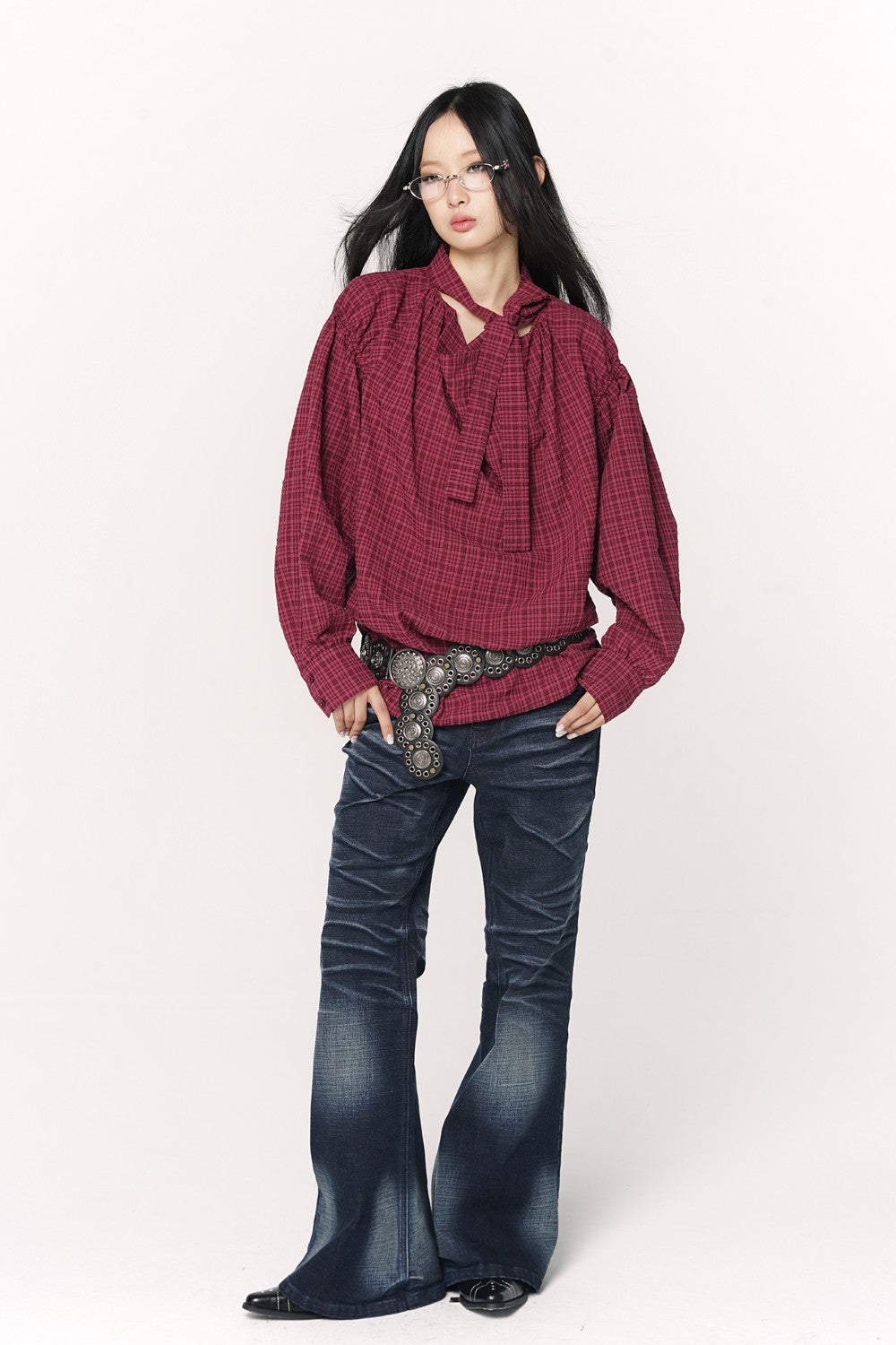 Oversized Plaid Ribbon Shirt