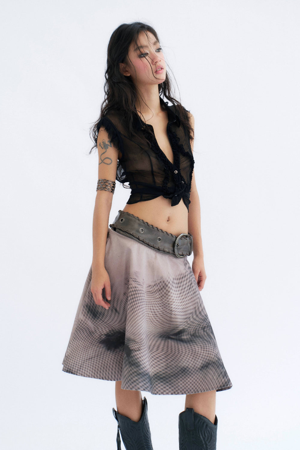 Sheer Ruffle Button-Up Top