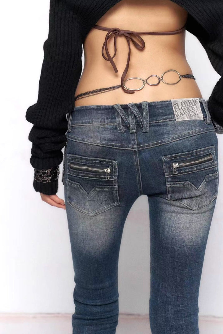 Muli-Zip Washed Flare Jeans