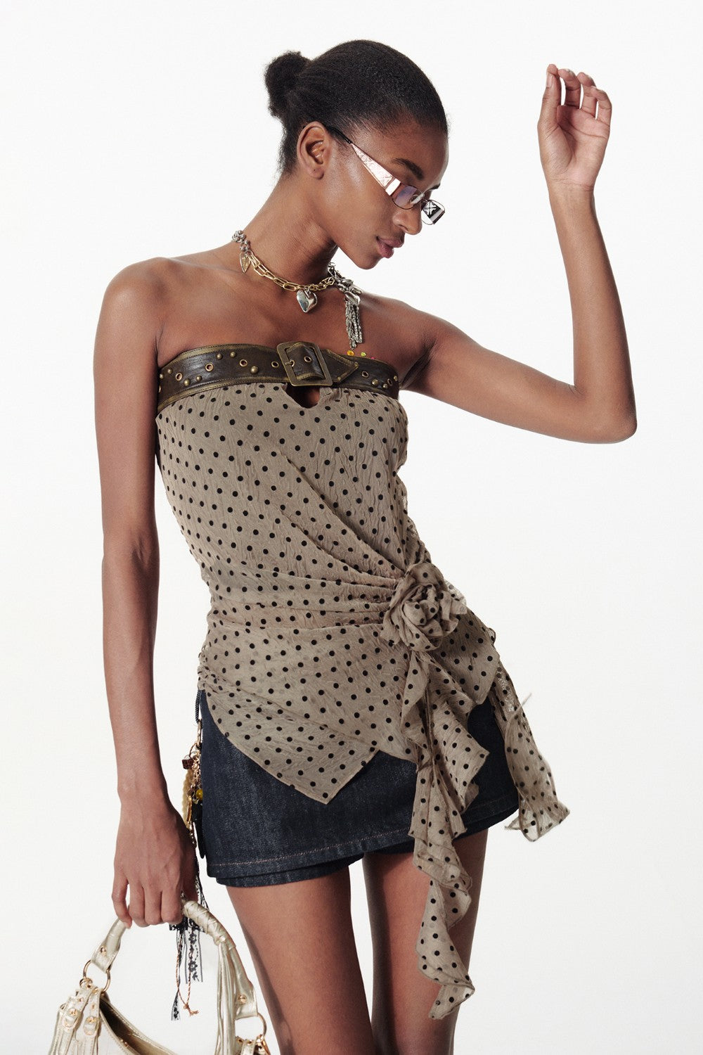 Polka Dot Belted Mesh Top