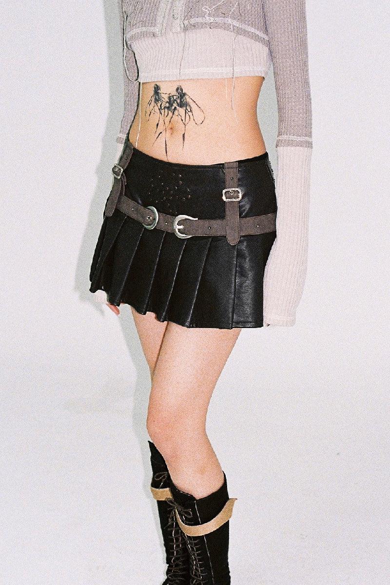 Nailhead Leather Skirt with Belt