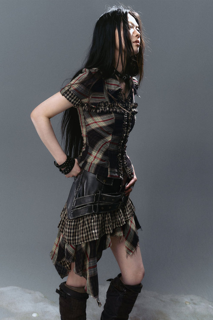 Asymmetrical Plaid Buckle Skirt