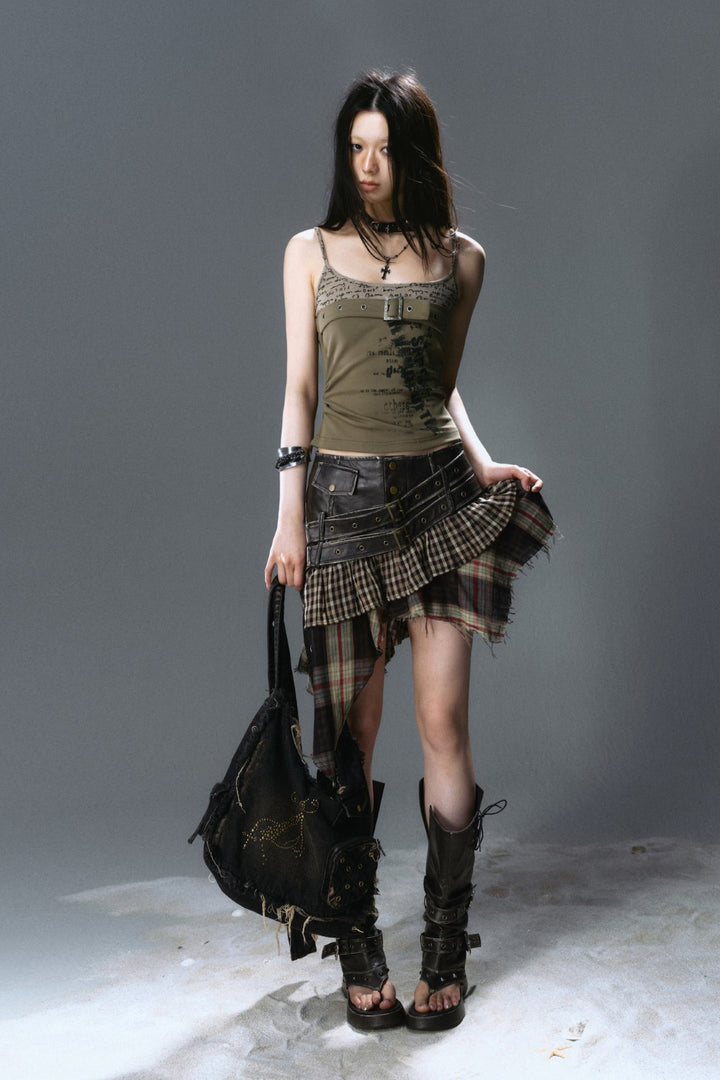 Asymmetrical Plaid Buckle Skirt