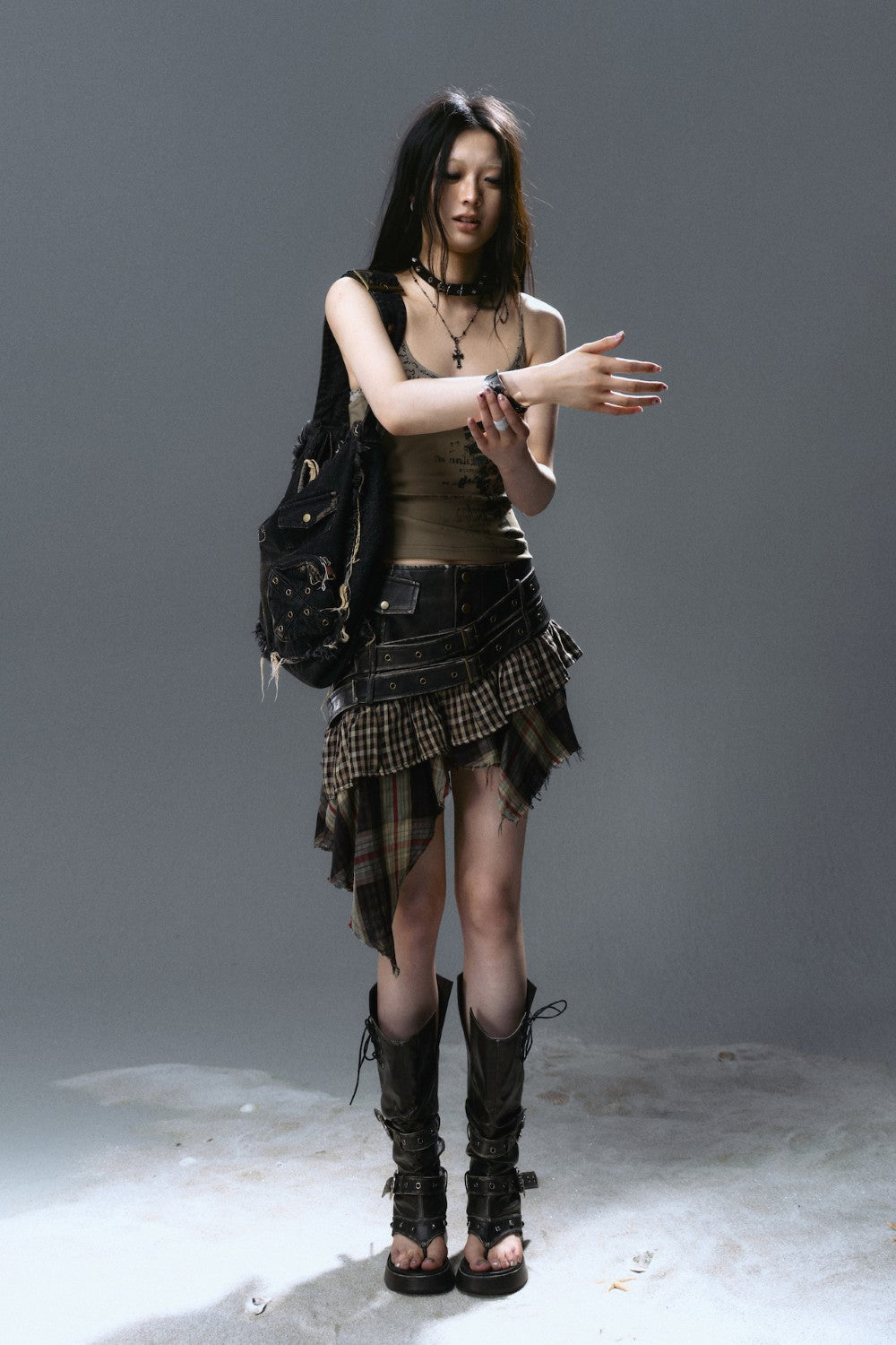 Asymmetrical Plaid Buckle Skirt