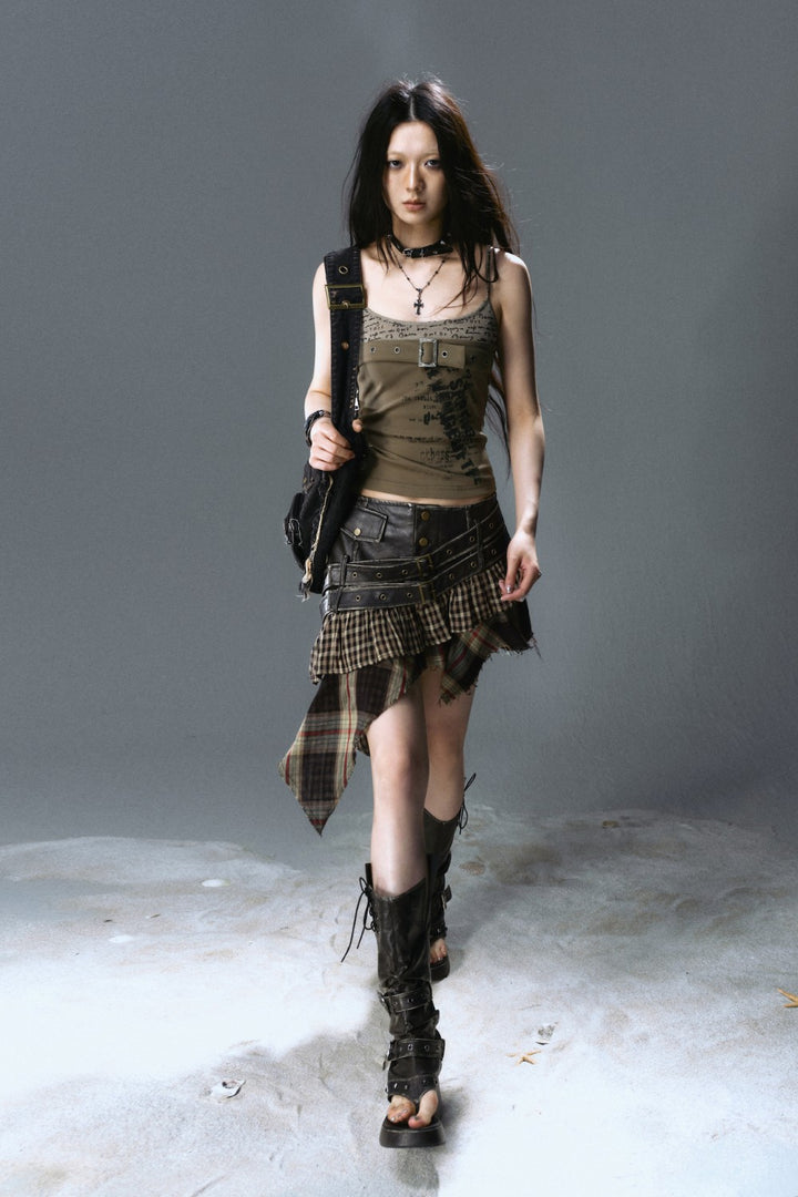 Asymmetrical Plaid Buckle Skirt