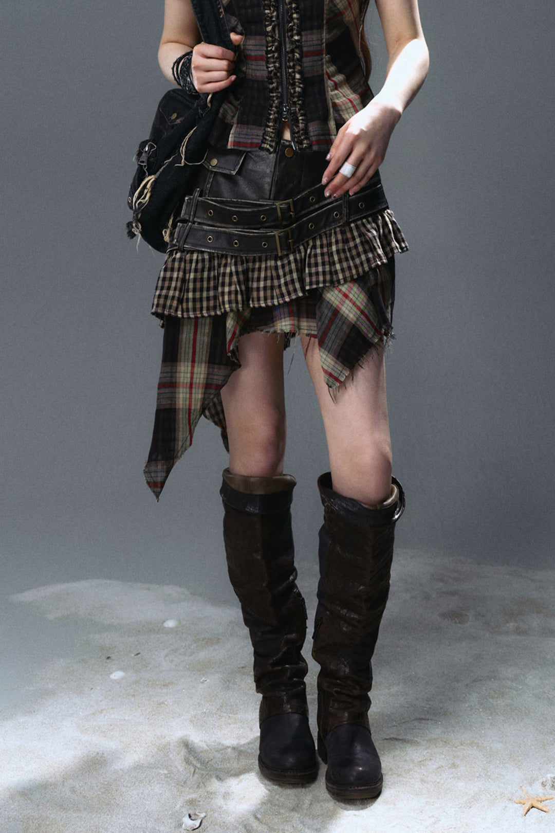 Asymmetrical Plaid Buckle Skirt