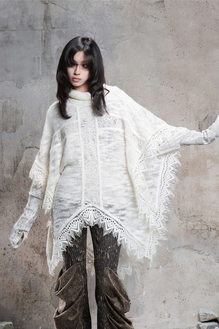 Knit Cross Fringe Poncho
