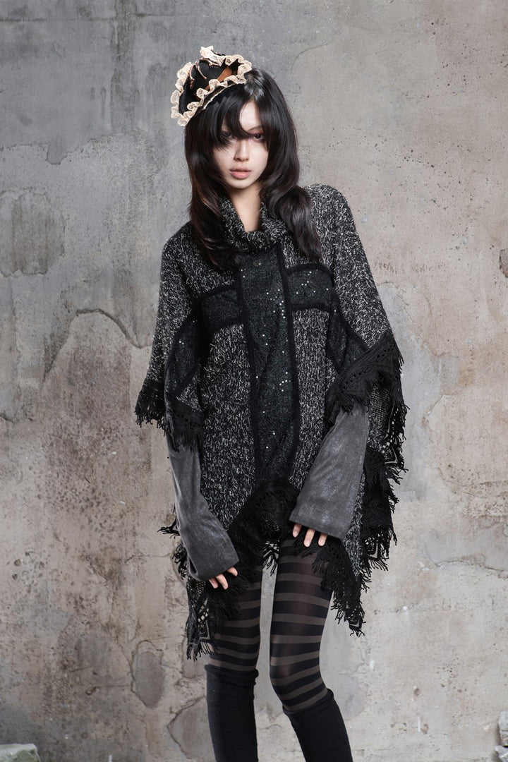 Knit Cross Fringe Poncho