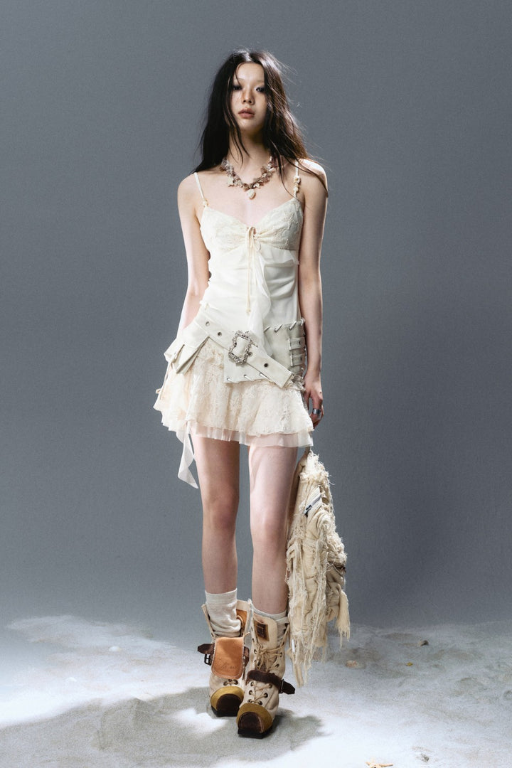 Belted Lace Ruffle Dress