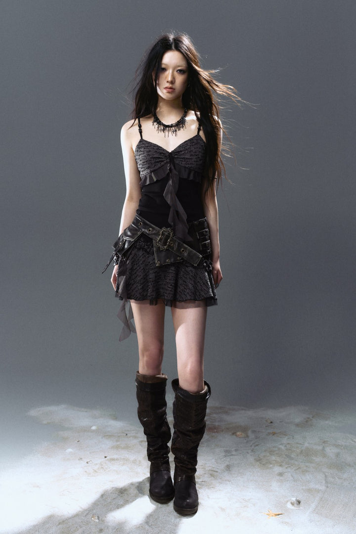 Belted Lace Ruffle Dress