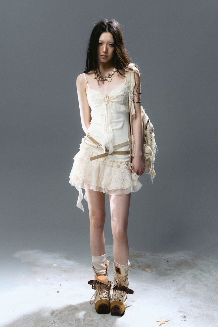 Belted Lace Ruffle Dress