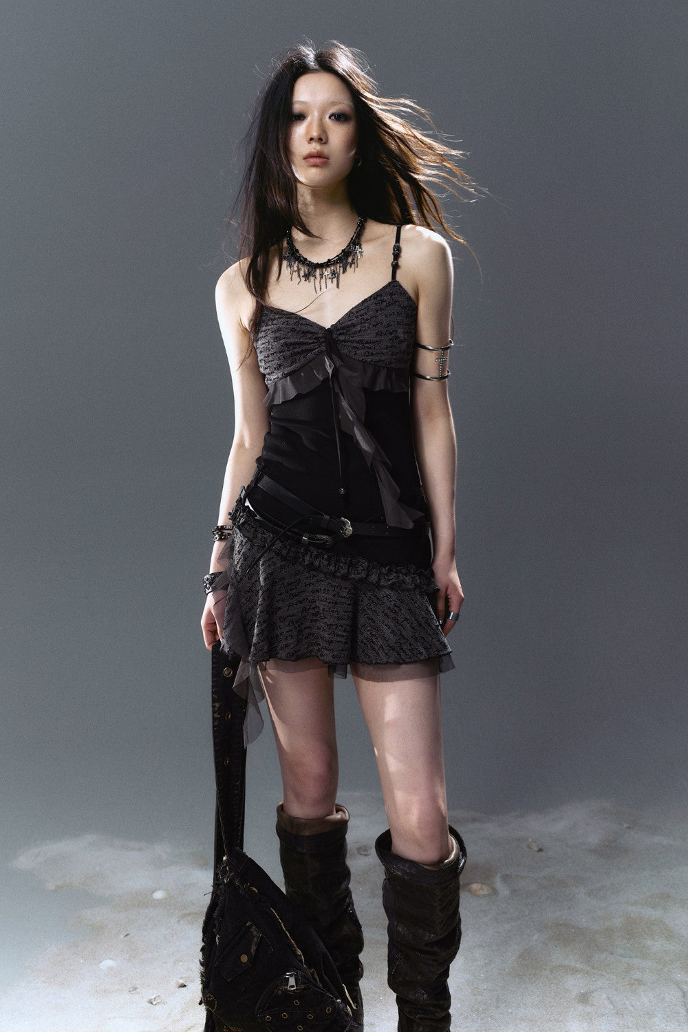 Belted Lace Ruffle Dress