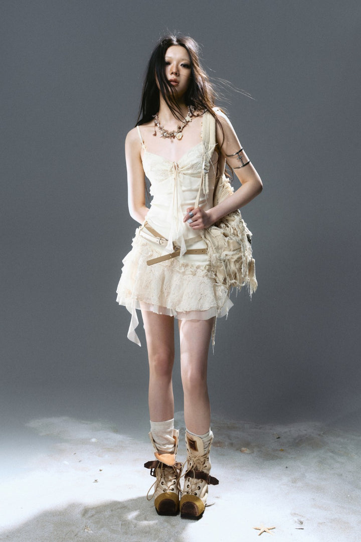 Belted Lace Ruffle Dress