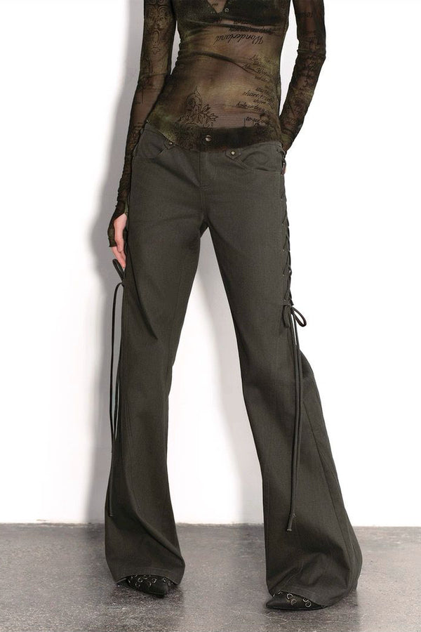 Olive Lace-Up Flare Pants