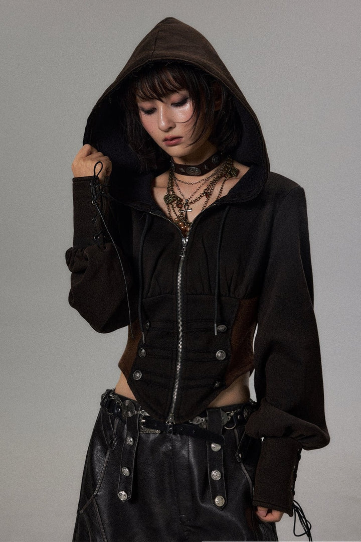 Distressed Cinched Zip Hoodie