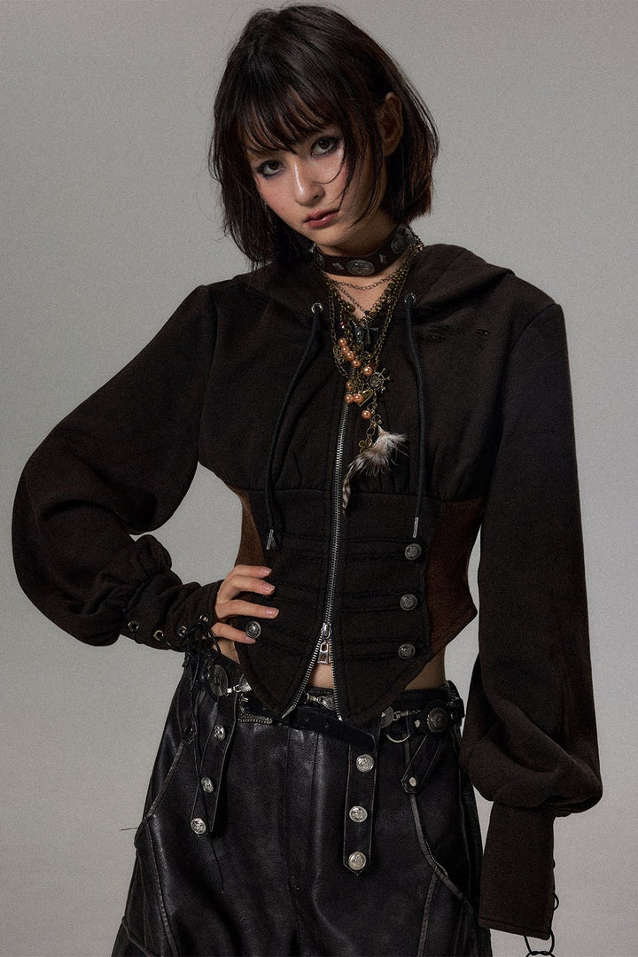 Distressed Cinched Zip Hoodie
