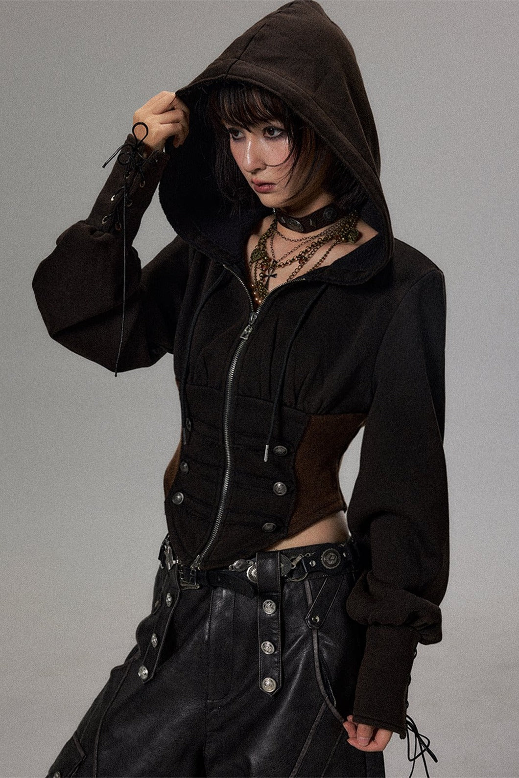 Distressed Cinched Zip Hoodie
