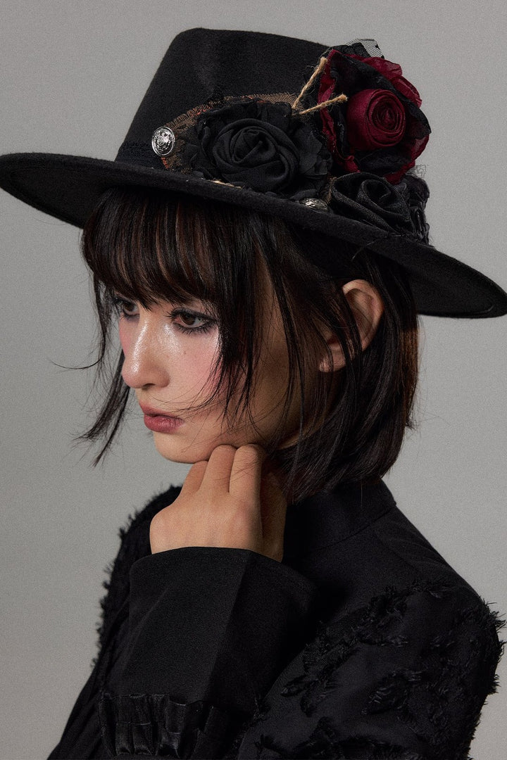 Rose Embellished Wide Brim Fedora