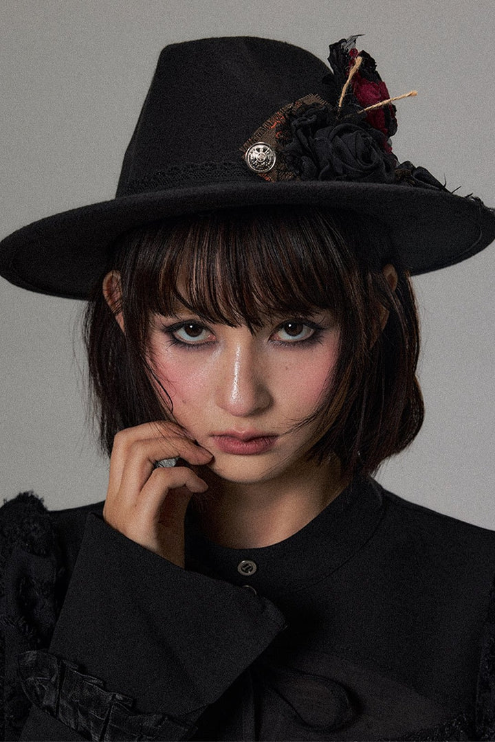 Rose Embellished Wide Brim Fedora
