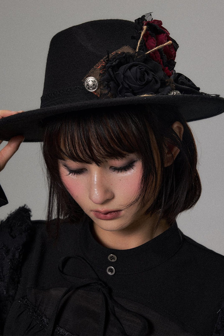 Rose Embellished Wide Brim Fedora